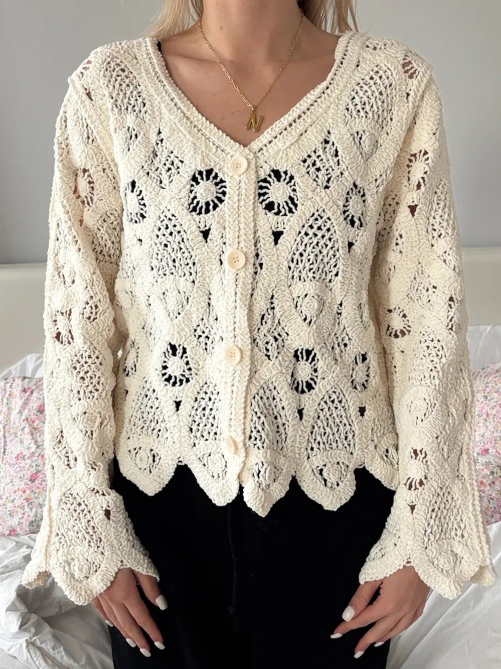 POL Boho Cream Crochet Button-Up V-Neck Sweater Cardigan